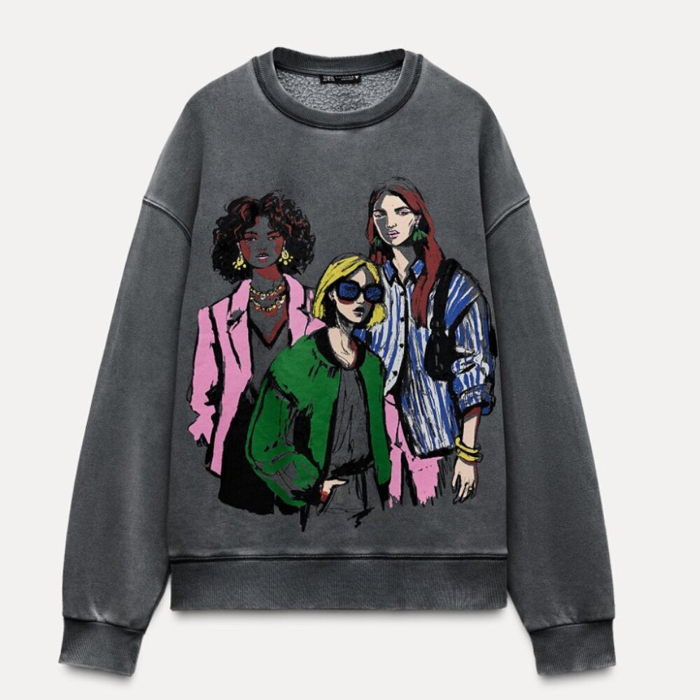 ZARA Colorful Graphic Fashion Women Crewneck Sweatshirt Gray Size Medium